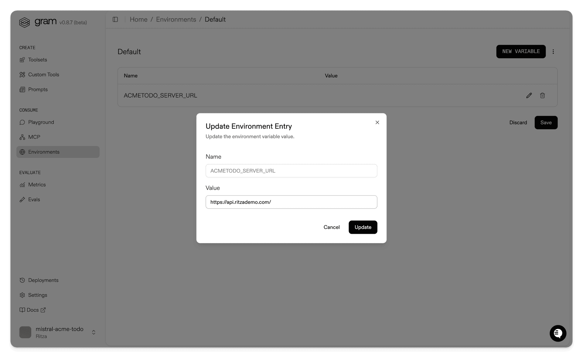 Screenshot showing setting the server URL environment variable