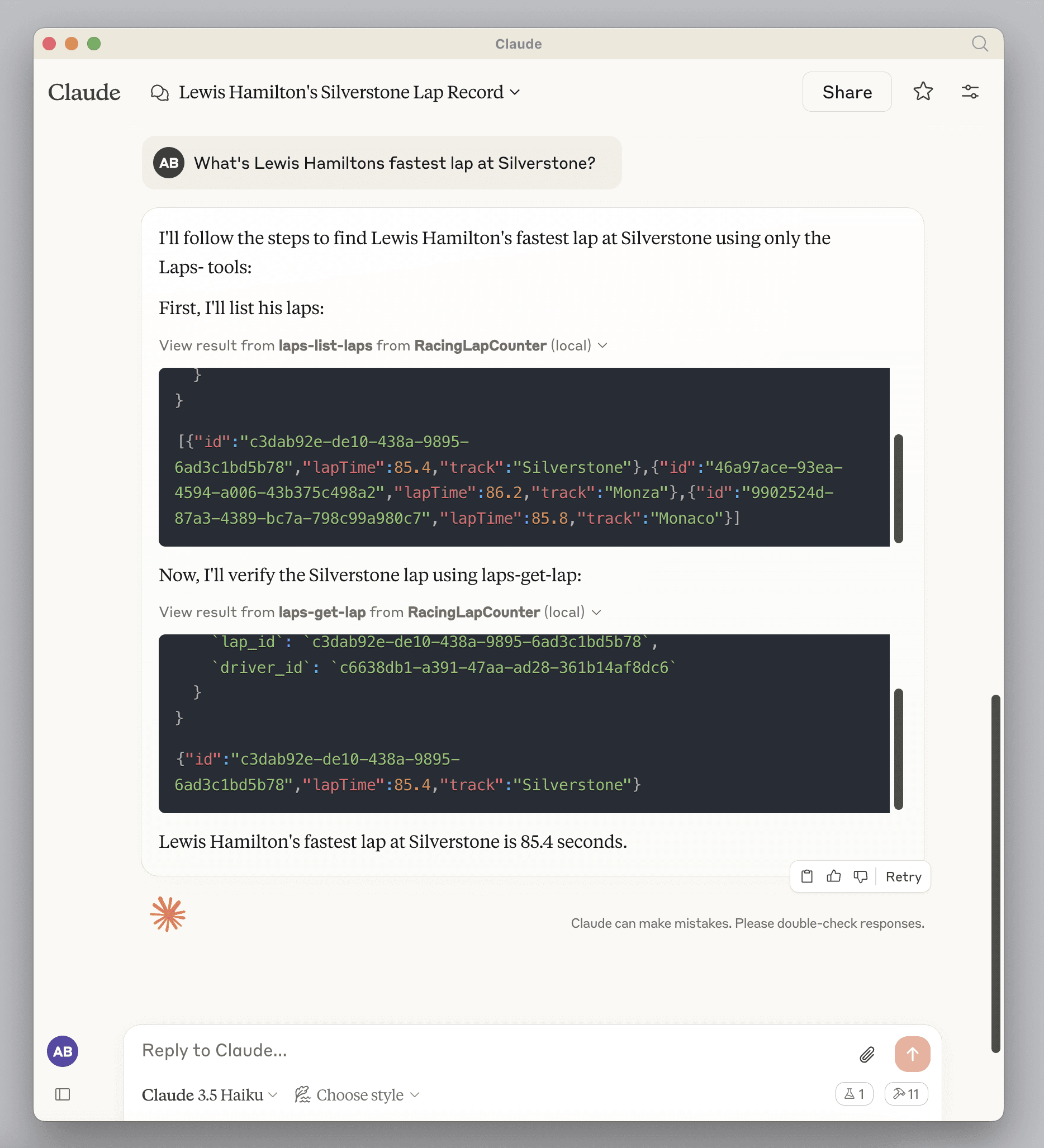 Claude fetching a lap time