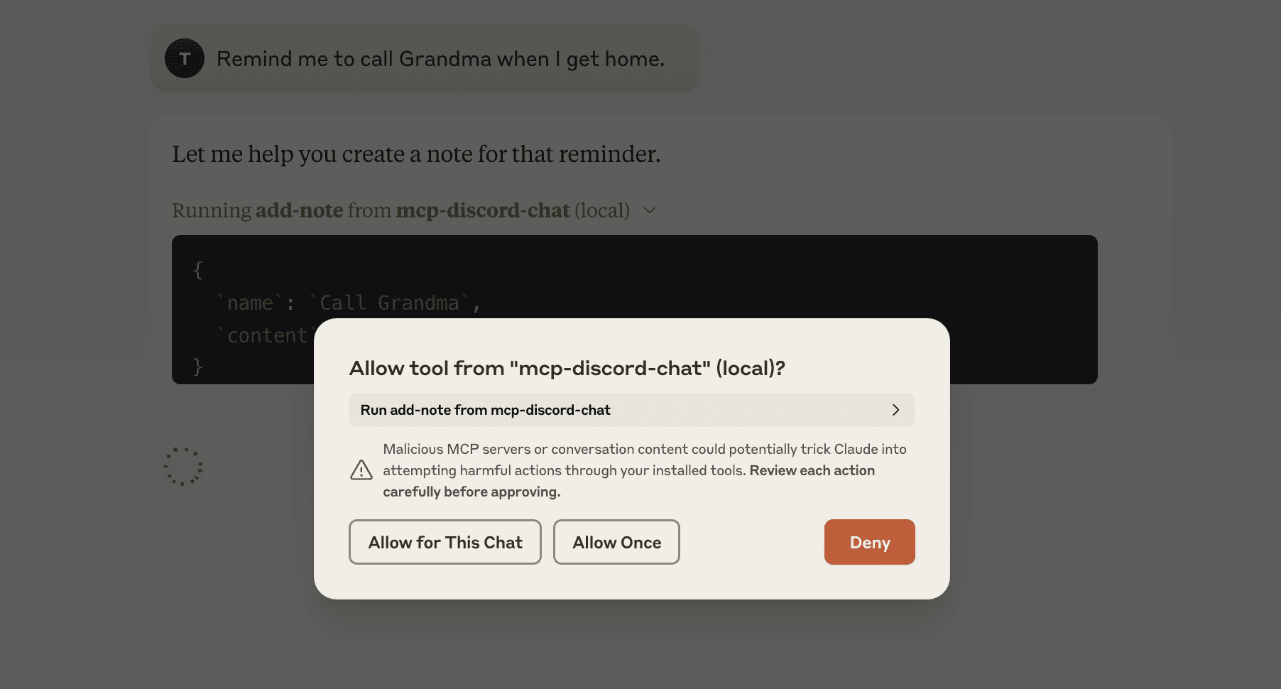 Claude.app showing the permission dialog for the Discord MCP Server