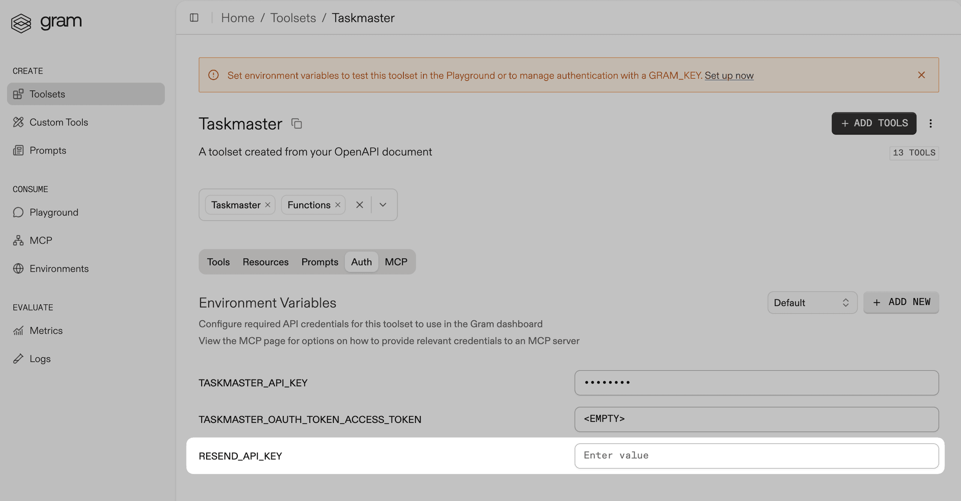 Screenshot showing the environment configuration dialog with RESEND_API_KEY variable being added