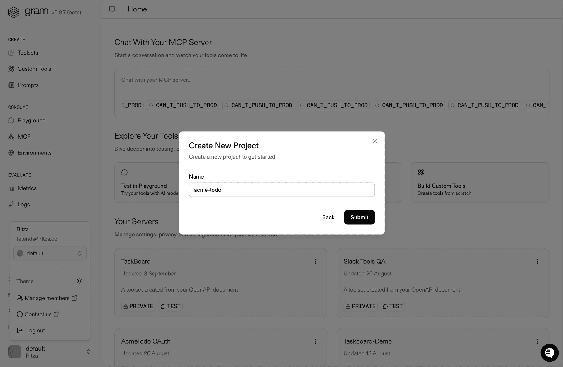 Screenshot of the Gram dashboard showing the New Project link