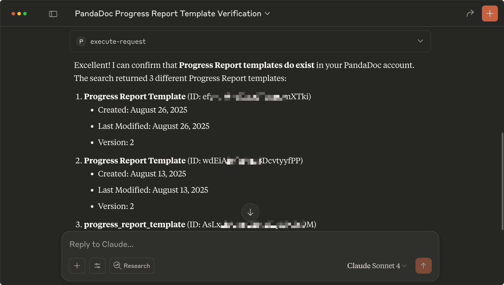 Screenshot of Claude Desktop UI showing a response confirming the PandaDoc template has been found