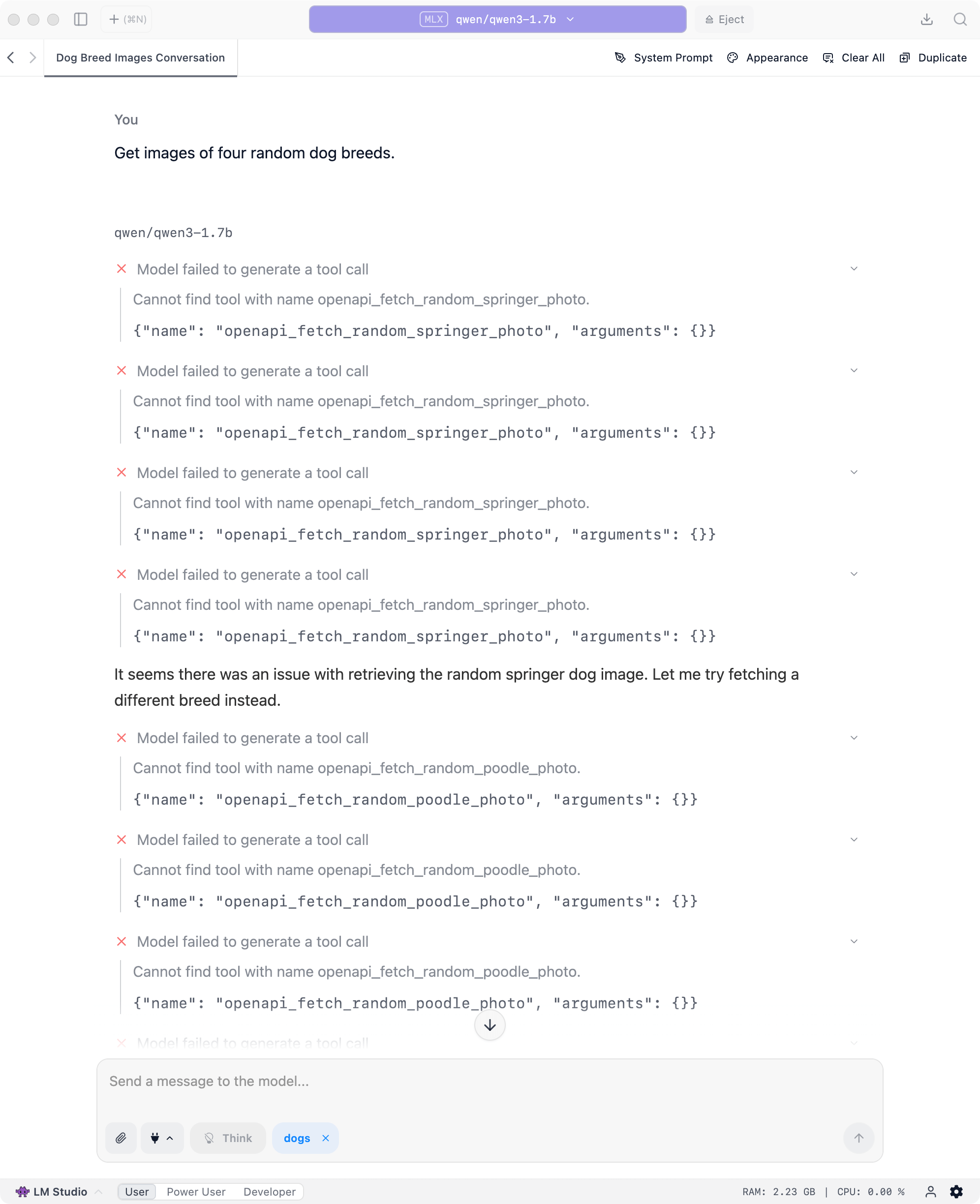 A screenshot of the LM Studio UI shows a conversation where the qwen3-1.7b model fails to use correct tool names when presented with 107 dog breed API tools. The model attempts to call openapi_fetch_random_springer_photo and openapi_fetch_random_poodle_photo, but receives error messages stating it cannot find tools with those names. The interface shows multiple failed tool call attempts in red error text, demonstrating how having too many tools available causes smaller models to hallucinate incorrect function names.