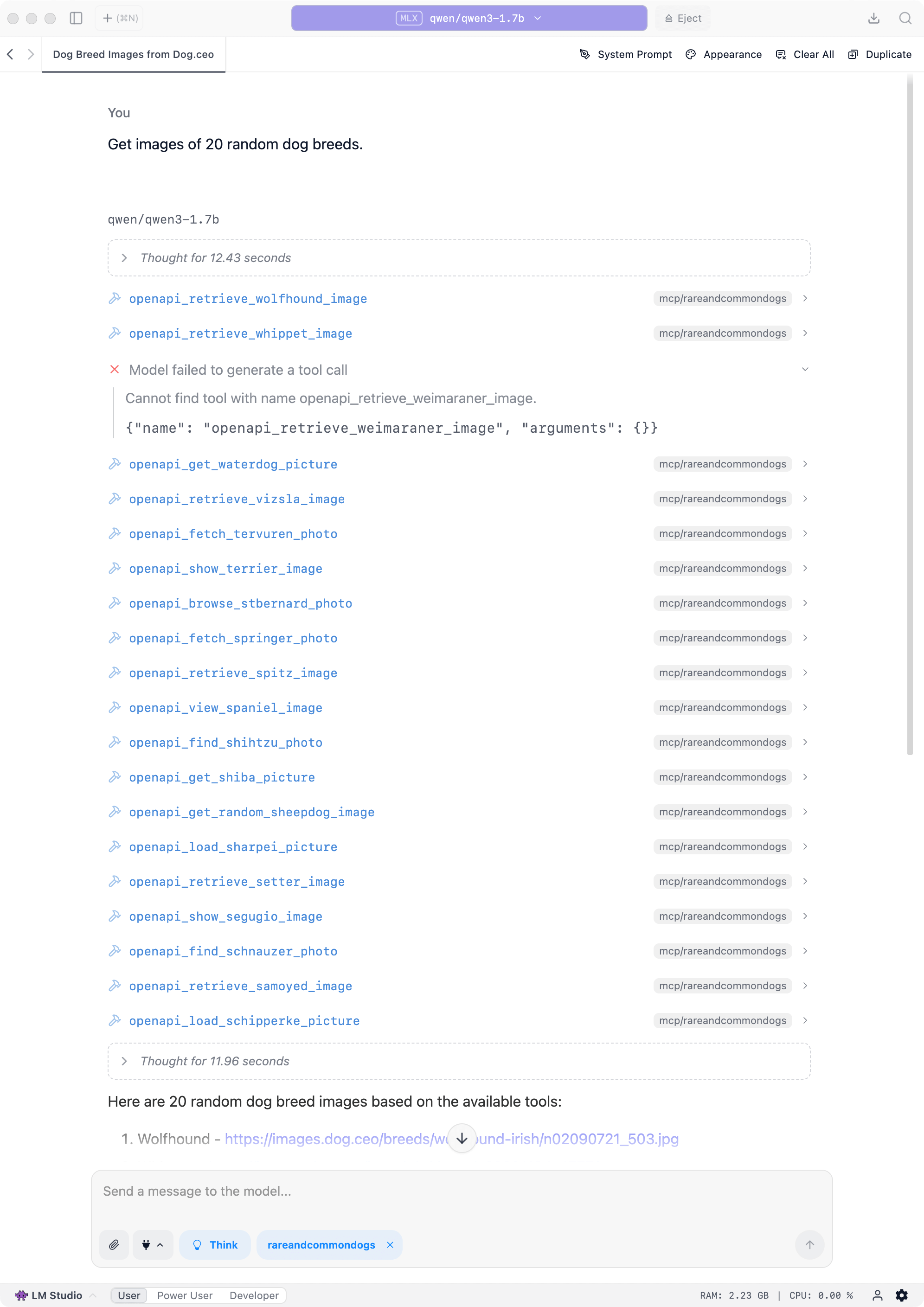A screenshot of the LM Studio UI shows a successful conversation where the qwen3-1.7b model correctly uses almost all tool names when presented with only 20 tools. The interface displays only one hallucinated tool call, demonstrating improved performance when the number of available tools is reduced to an optimal range for smaller language models.