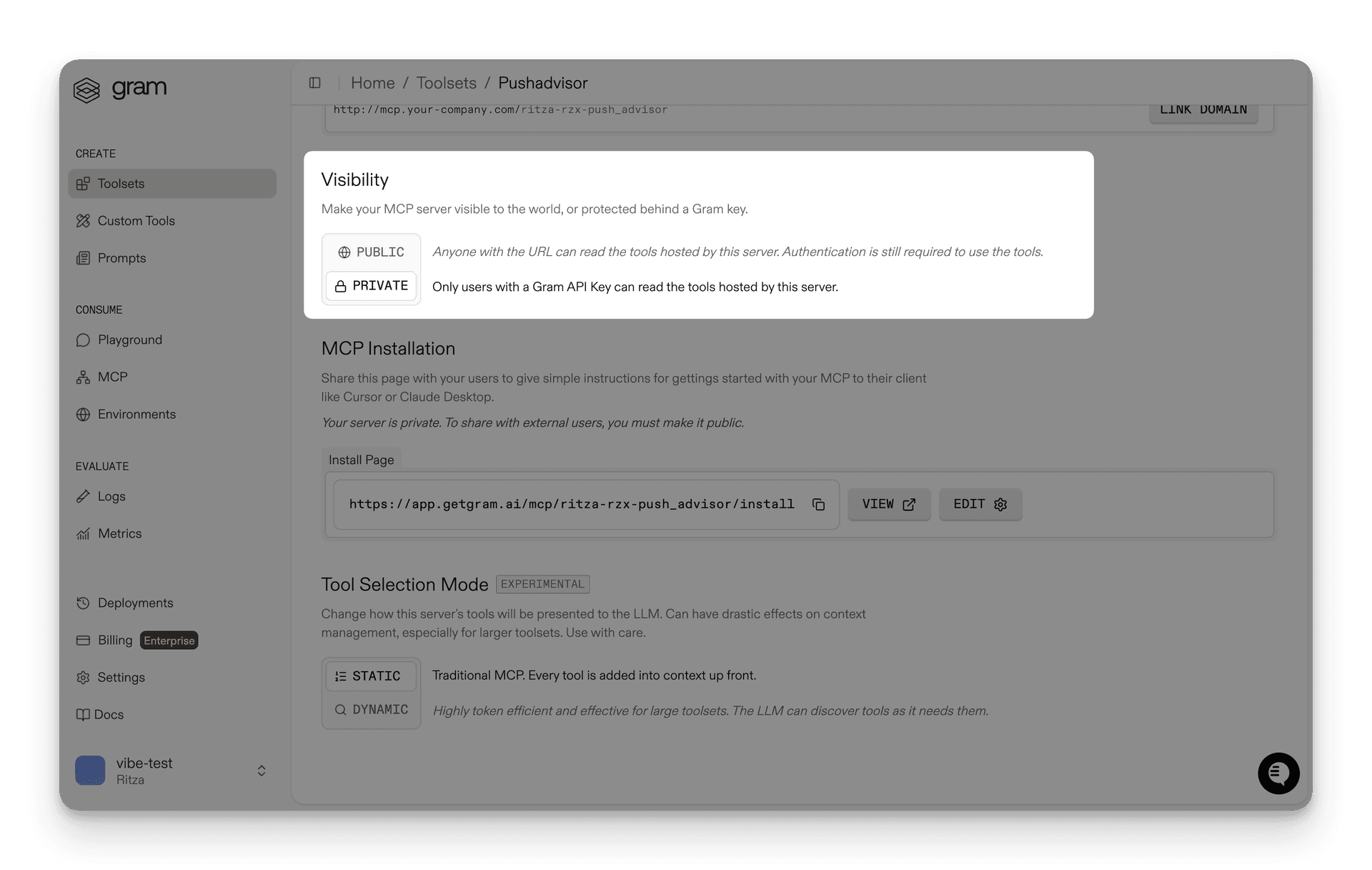 Screenshot of the MCP details page