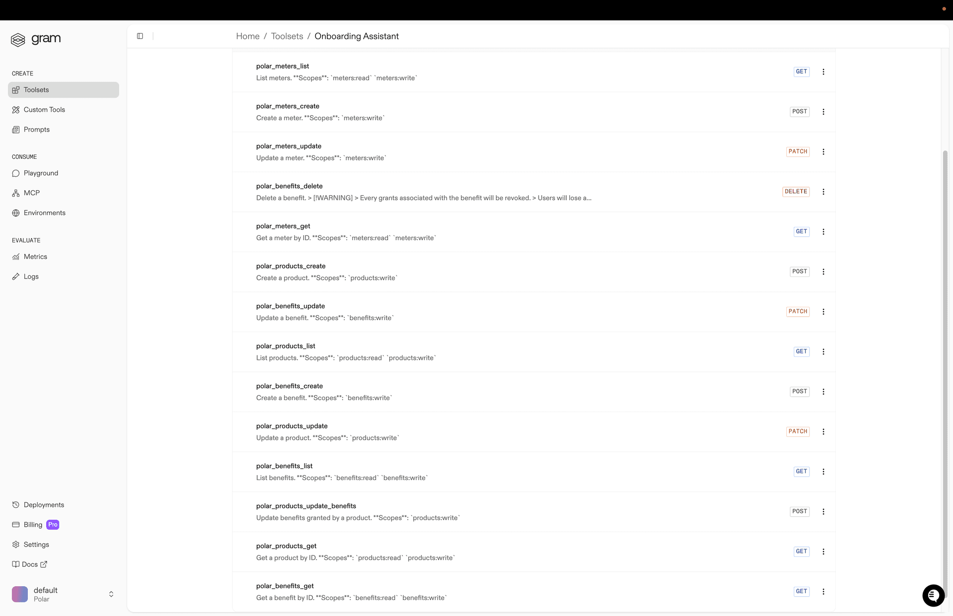 List of Polar's tools in the Gram UI