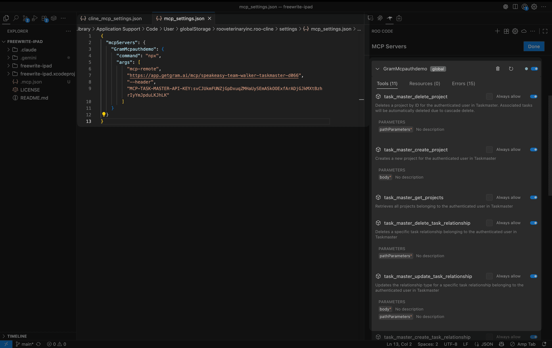 Screenshot showing the Roo Code MCP server list