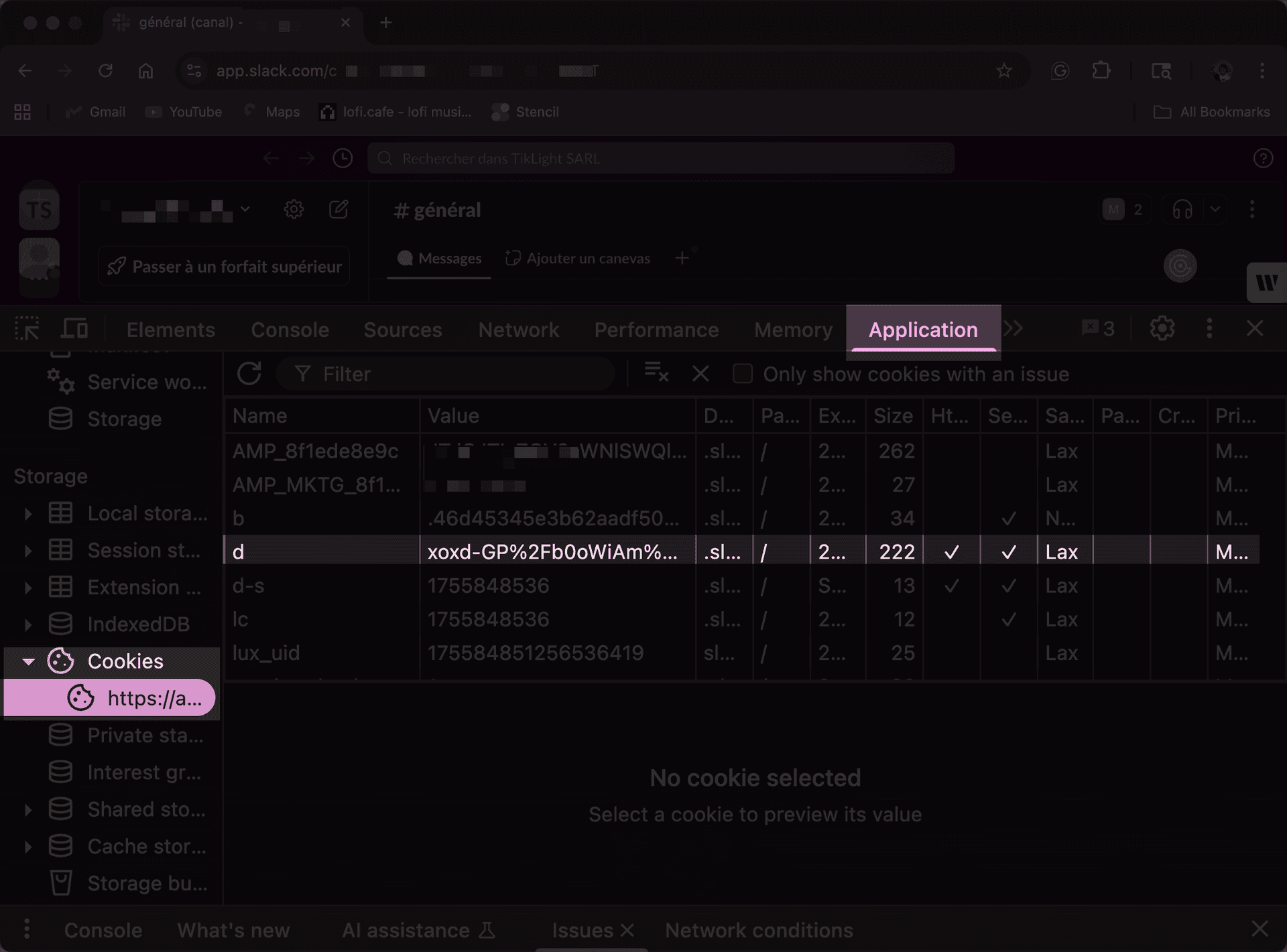 Developer tools cookies panel showing how to locate and copy the Slack xoxd authentication token