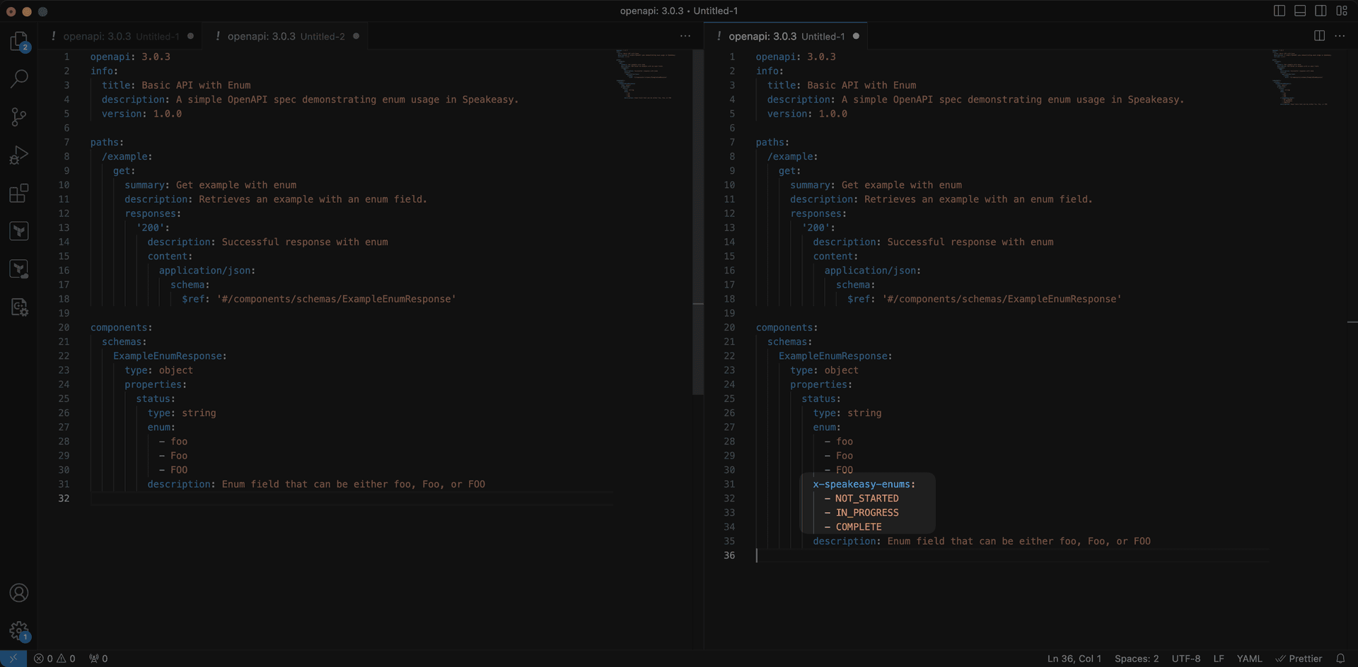 Screenshot showing a speakeasy extension in VS code editor.