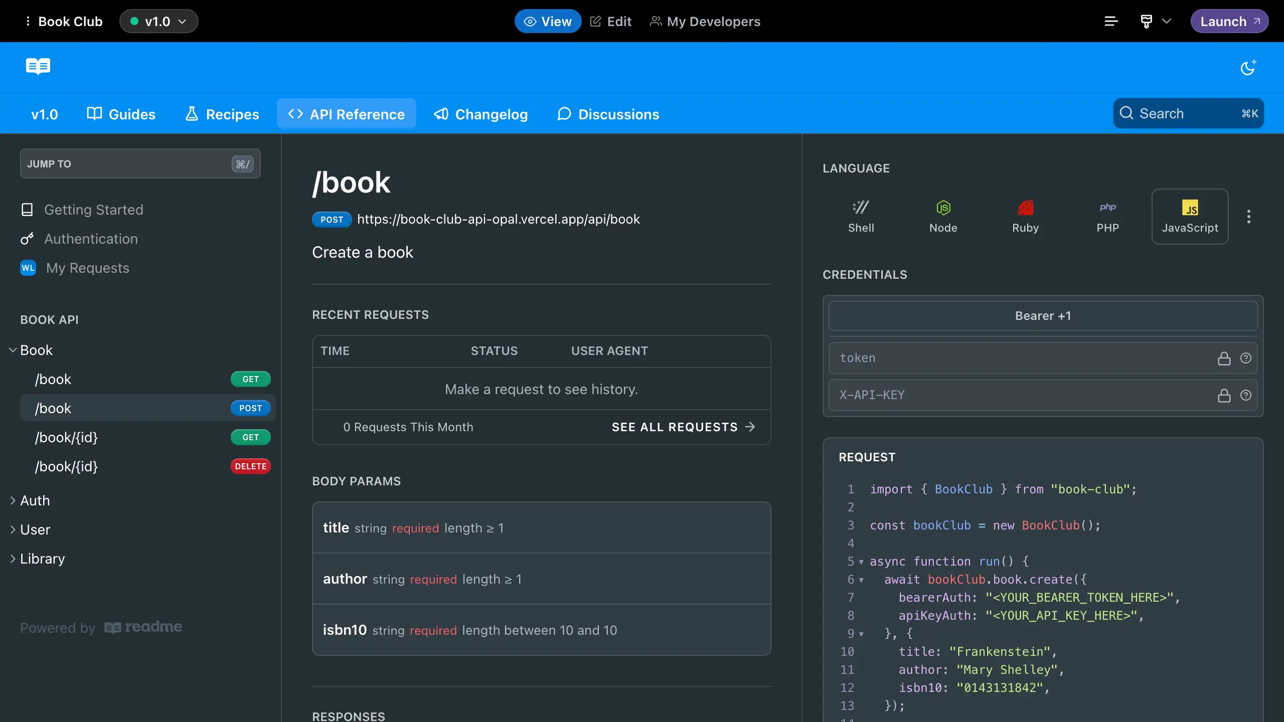 Speakeasy code snippets with ReadMe