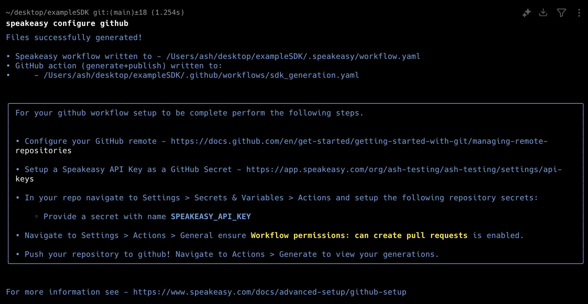 Screenshot of the terminal after successfully running Speakeasy configure Github.